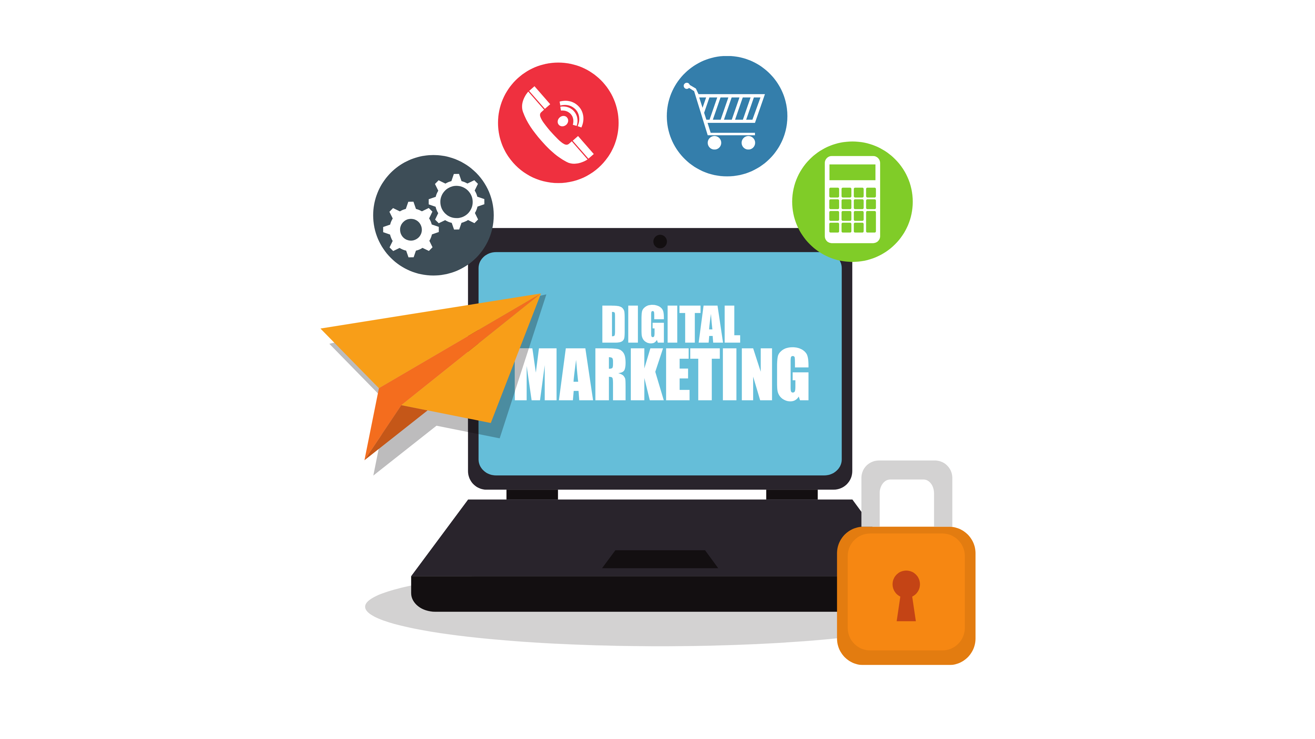 Digital marketing laptop with business icons